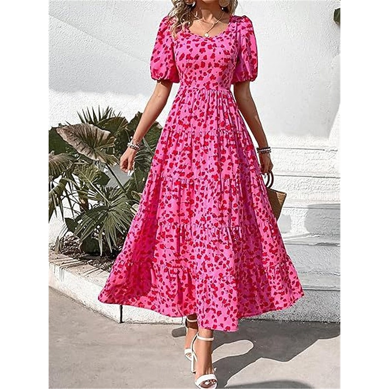 Women's Leopard Crew Neck Maxi Dress Short Sleeve Summer Spring