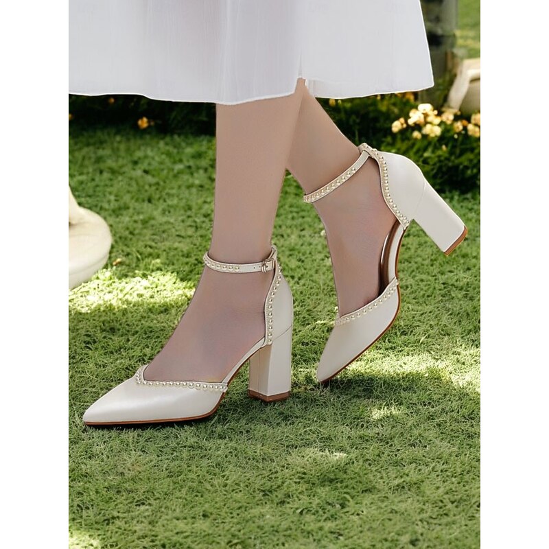 Elegant Women's Pearl-Embellished Wedding Heels, Pointed Toe Ankle Strap Ivory Block Pumps for Bridal and Formal Events2
