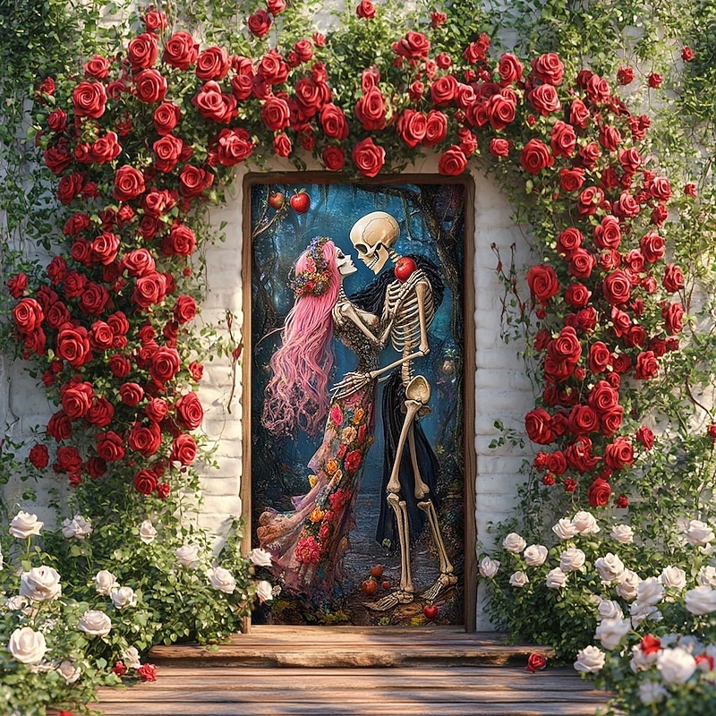 Halloween Outdoor Decorations Door Covers Door Tapestry Door Curtain Decoration Backdrop Indoor/Outdoor Door Banner for Front Door Farmhouse Skull Couple4