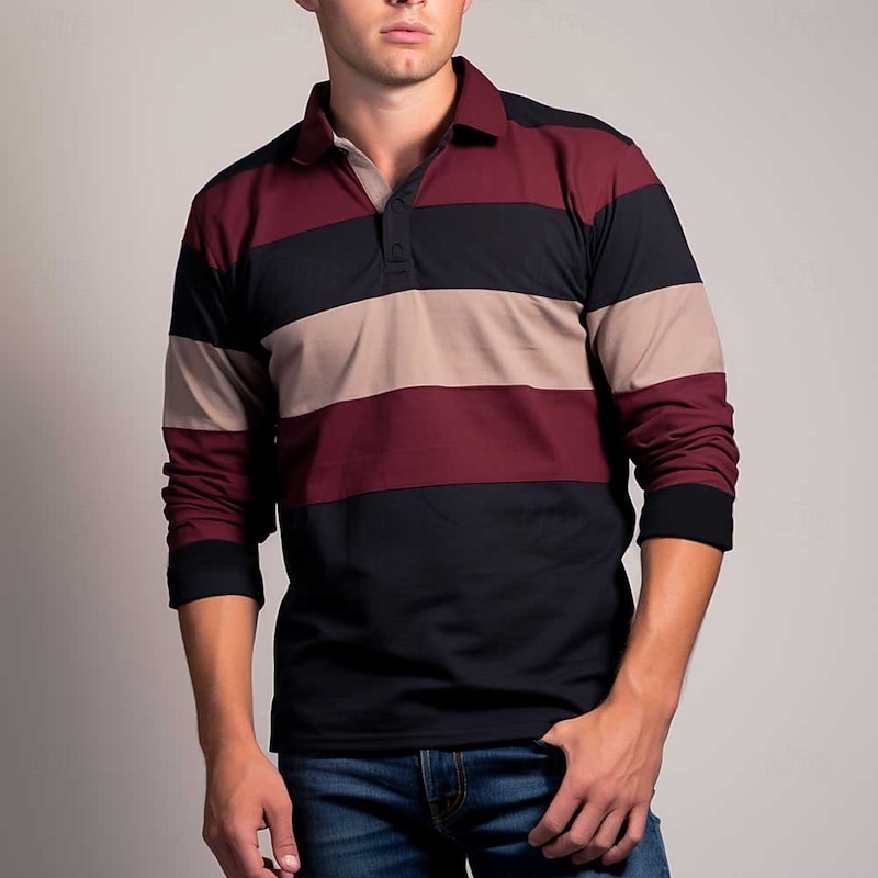 Men's Striped Rugby Polo Shirts Long Sleeve Polo Shirts Collar Business Casual Formal Outdoor Dailywear 3D Print Buttons Spring Fall Winter Maroon