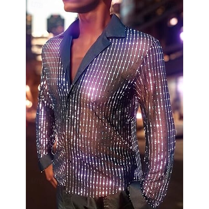 Retro Vintage 1970s 1980s T-shirt Hippie Disco Sequins Shiny Metallic Fancy Dress Men's Carnival Costume Christmas Halloween Carnival Party Pride Parade Pride Month Adults' Shirt4