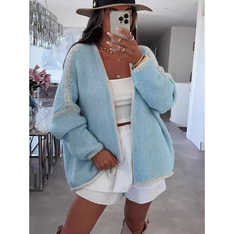 Women's Sweater Cardigan Casual Soft Pure Color Ribbed Open Front Patchwork Knitted Braided Long Sleeve Regular Tops Knit Outdoor Daily Weekend Black Pink Fall Winter2