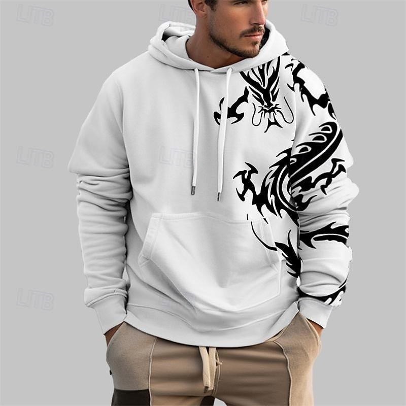 Men's Graphic Dragon Hoodie Hoodies Sweatshirt Fashion Daily Long Sleeve Hooded Vacation Sports Outdoor Holiday Black White Print Front Pocket Spring &  Fall Designer3