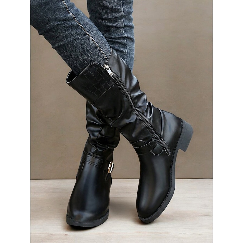 Women's Black Mid-Calf Slouchy Boots with Croc-Embossed Detail and Gold Buckle Accents – Casual and Stylish Design 9