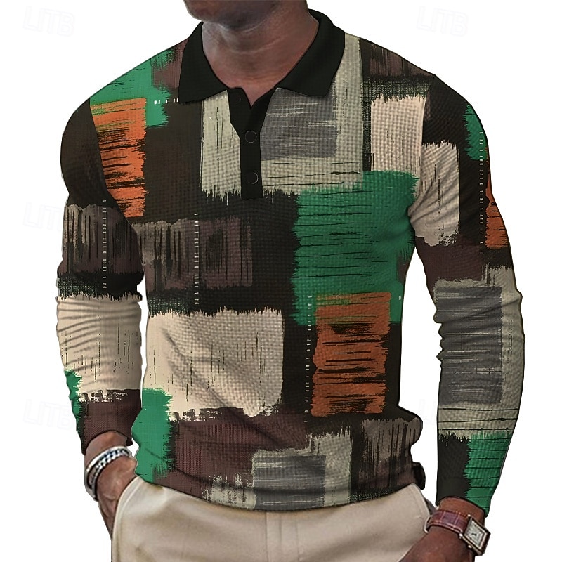 Men's Patchwork Waffle Polo Shirts Golf Shirt Long Sleeve Polo Shirts Collared Shirts Casual Formal Outdoor Dailywear Buttons 3D Print Spring Fall Winter Yellow Blue Purple4