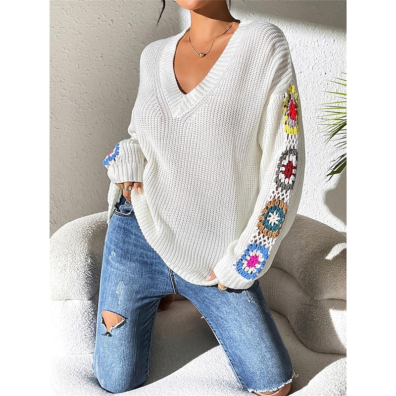 Women's Sweater Casual Soft Floral Crochet V Neck Knitted Long Sleeve Regular Tops Knit Outdoor Daily Weekend Black White Fall Winter3