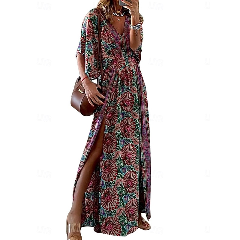 Women's Maxi Dress Casual Dress Swing Dress A Line Dress Boho Dress Casual Daily Regular Fit Floral Half Sleeve V Neck Fuchsia Summer Spring Fall4