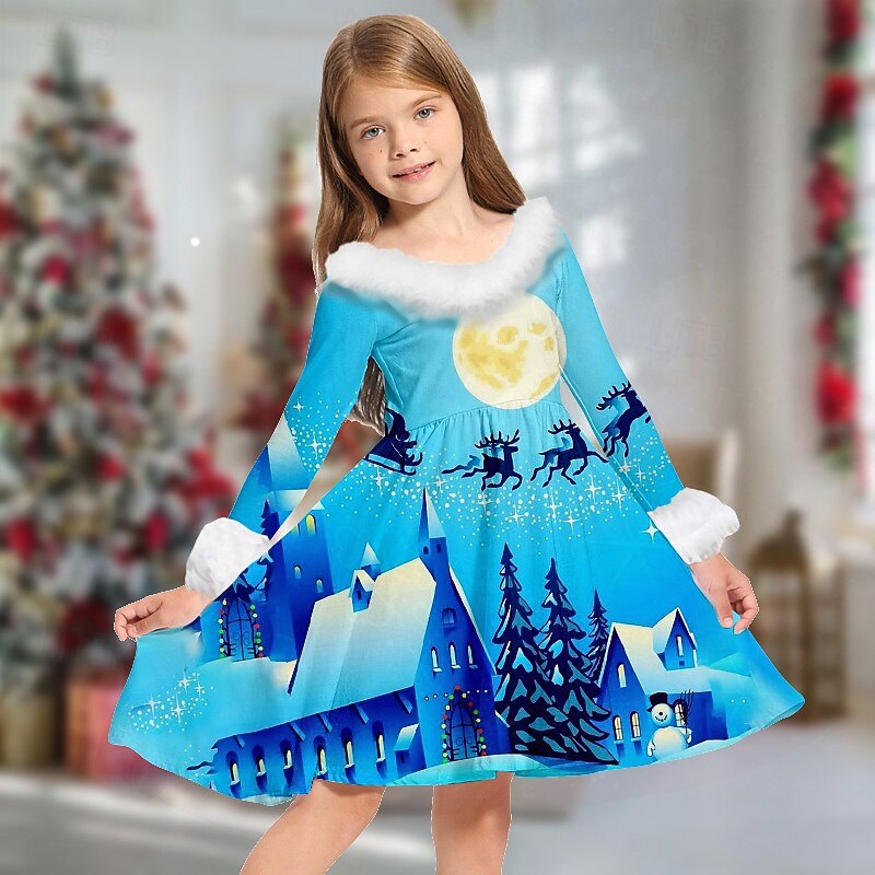 Kids Girls' Christmas Dress Dress Snowflake Dress Santa Claus Elk Snowman Long Sleeve Casual Fur Trim Crewneck Elegant Adorable Polyester Above Knee Casual Dress Swing Dress A Line Dress Fall Winter4