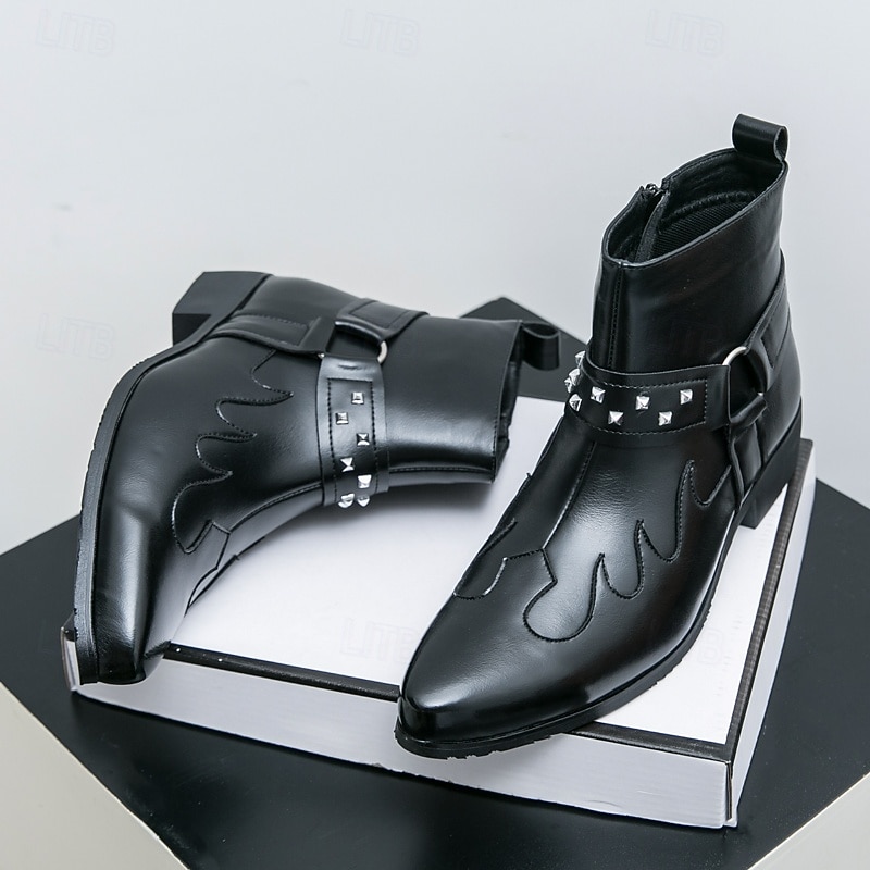 Men's Black Faux Leather Ankle Boots with Studded Strap and Unique Embroidery, Stylish Western Design, Perfect for Casual and Night Out Wear 13