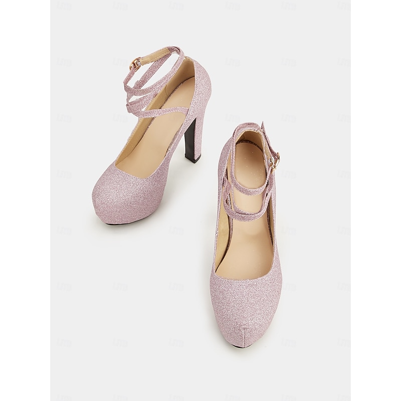 Women's Pink Glitter Platform Heels with Ankle Strap – Sparkling High Heel Pumps for Parties, Weddings, and Special Events2