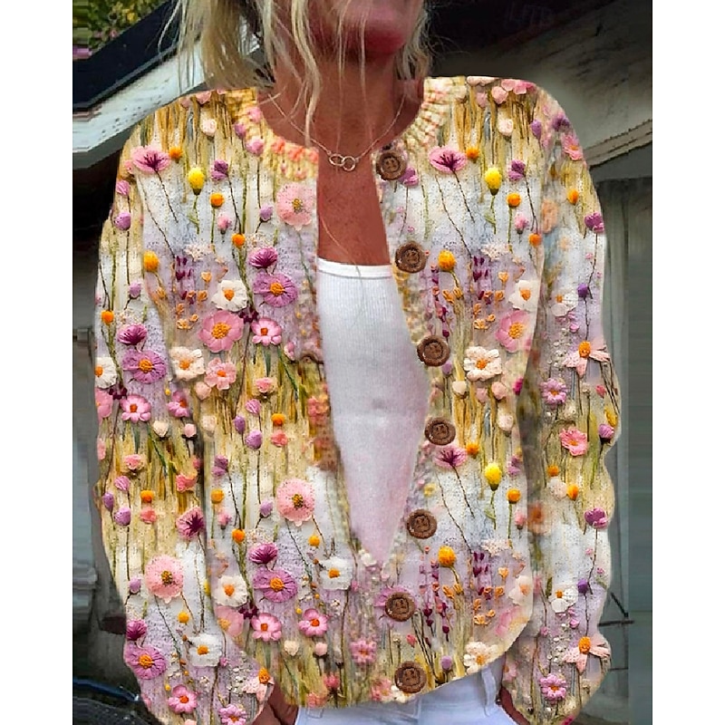 Women's Cardigan Sweater Knitted Ribbed Button Front Round Neck Long Sleeve Lightweight female Daily Floral Graphic Crew Neck Print Regular Tops Knit Weekend Yellow Fall Winter