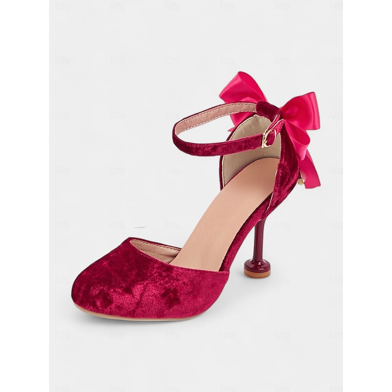 Women's Burgundy Velvet Mary Jane Heels with Big Bow and Kitten Heels - Ideal for Weddings and Special Occasions4