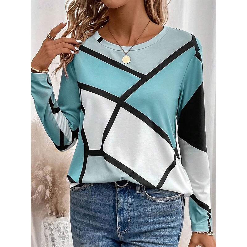 Women's T shirt Crew Neck Long Sleeve Tunic Casual Color Block Print Regular Tops Daily Pink Navy Blue Blue Purple Spring Fall