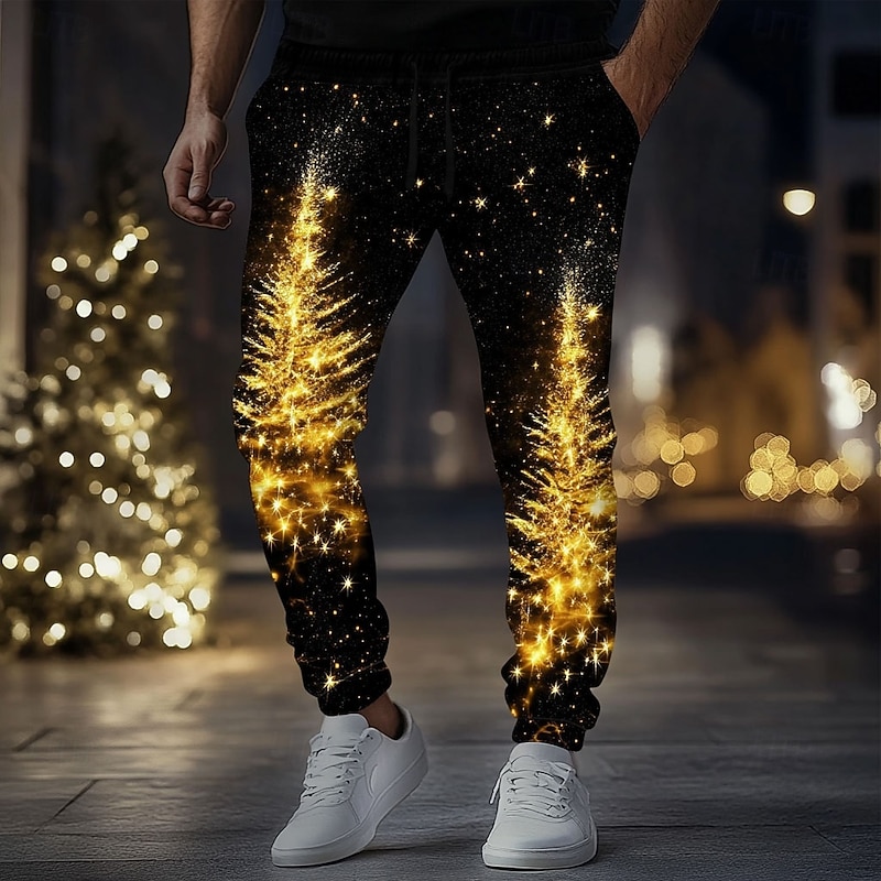 Christmas Men's Christmas Tree Sparkly Sweatpants Joggers Pants Trousers Mid Waist Drawstring Elastic Waist Fashion Casual Party Evening Wear Dailywear Holiday Pocket Spring Fall Winter 3D Print Black