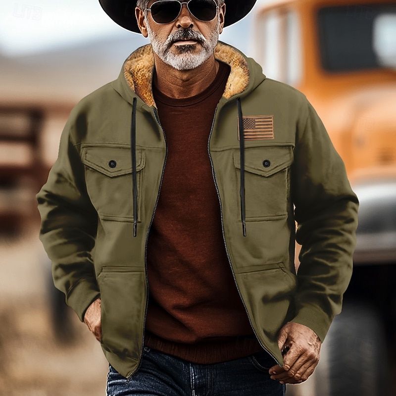 Men's Cowboy Fleece Hoodies Fashion Cool Long Sleeve Hooded Holiday Streetwear Black Army Green Zipper Pocket Fall Winter Designer