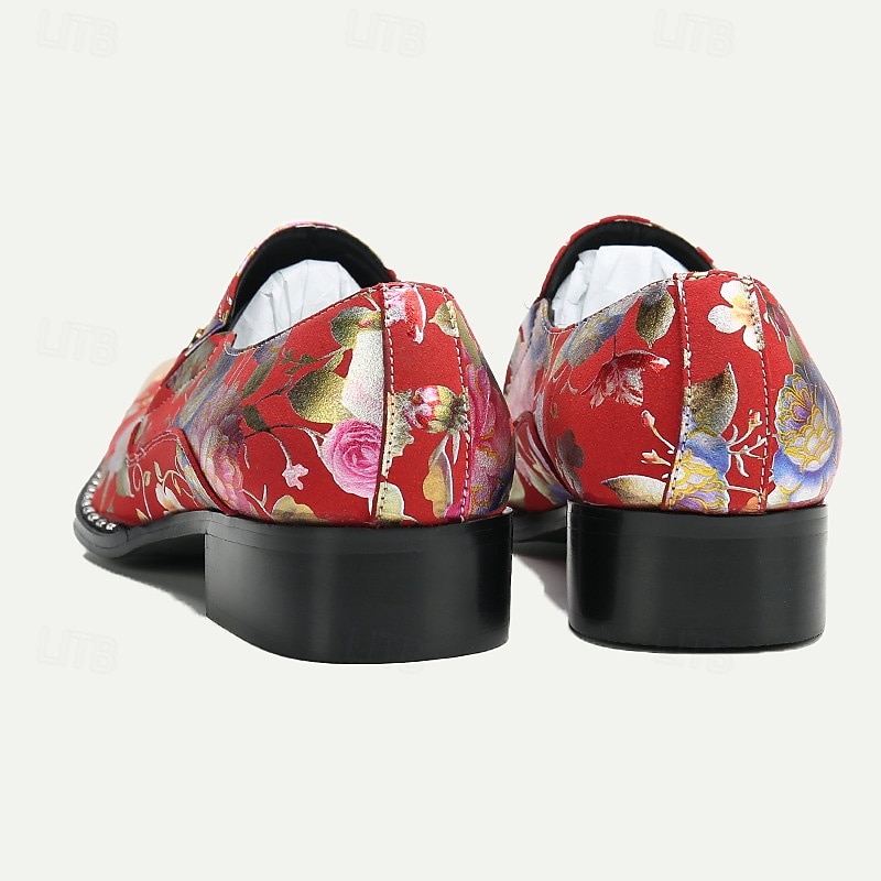 Men's Red Floral Leather Loafers with Metallic Cap Toe and Buckle Detail – Premium Cowhide Statement Shoes for Fashionable Outfits 7