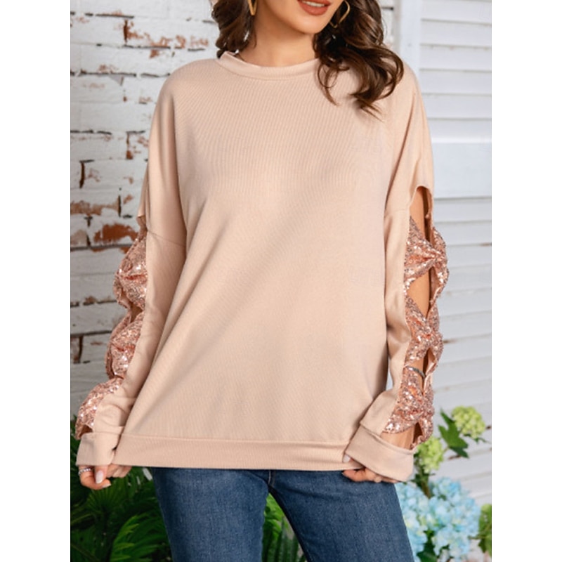Women's Shirt Sequin Sparkly Party Solid Color Basic Casual Long Sleeve Crew Neck Regular Tops Daily Sequins Patchwork Bow White Beige Fall Winter4