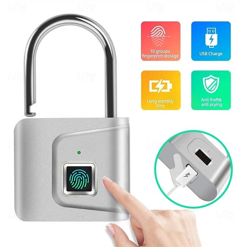 Security Door Lock Smart Keyless USB Rechargeable Fingerprint Padlock for Locker Sports School Zinc Alloy Metal4