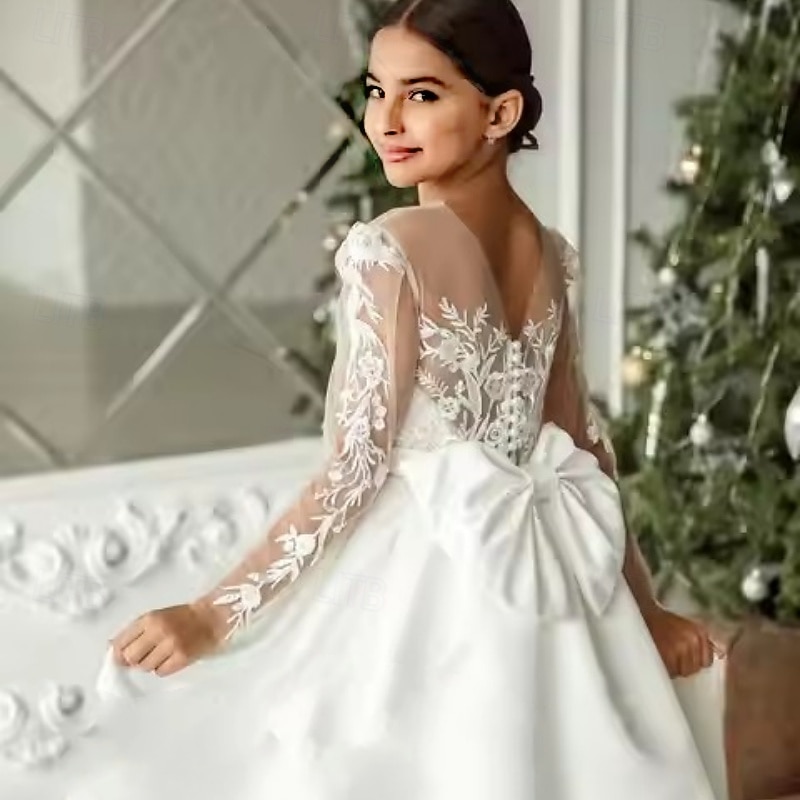 Flower Girl Dress Girls' First Communion Dress Party Dress Performance Wedding Party Princess Sweet Mesh Solid Color Sleeveless Crew Neck White kids3