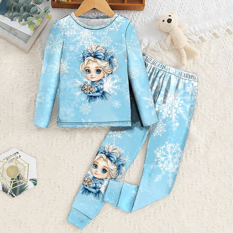 Girls' 3D Graphic Cartoon Snowflake Christmas Pajamas Pajama Sets Tee & Pants Pajama Sets Long Sleeve 3D Print Fall Winter Active Basic Kids 4 years+ Crew Neck Home Daily Regular Fit