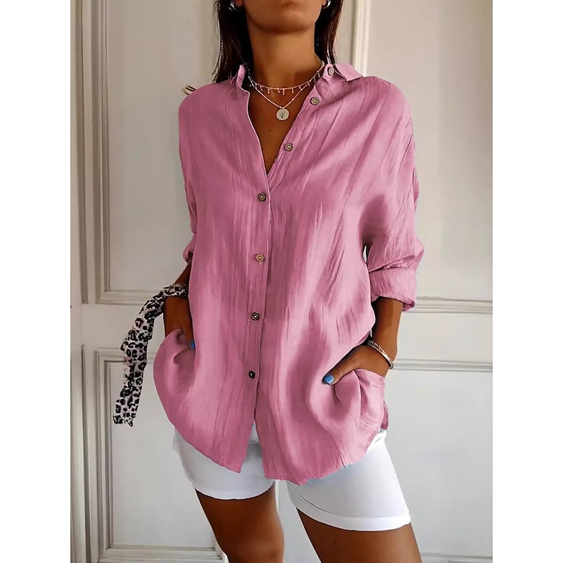 Women's Shirt Button Up Blouse Solid Color Basic Casual Long Sleeve Bishop Sleeve Shirt Collar Regular Tops Vacation Daily Patchwork Buttons Pink Blue Khaki Fall Winter2
