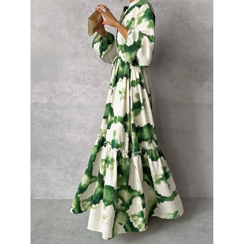 Women's Floral Split Neck Maxi Dress Long Sleeve Summer Spring2