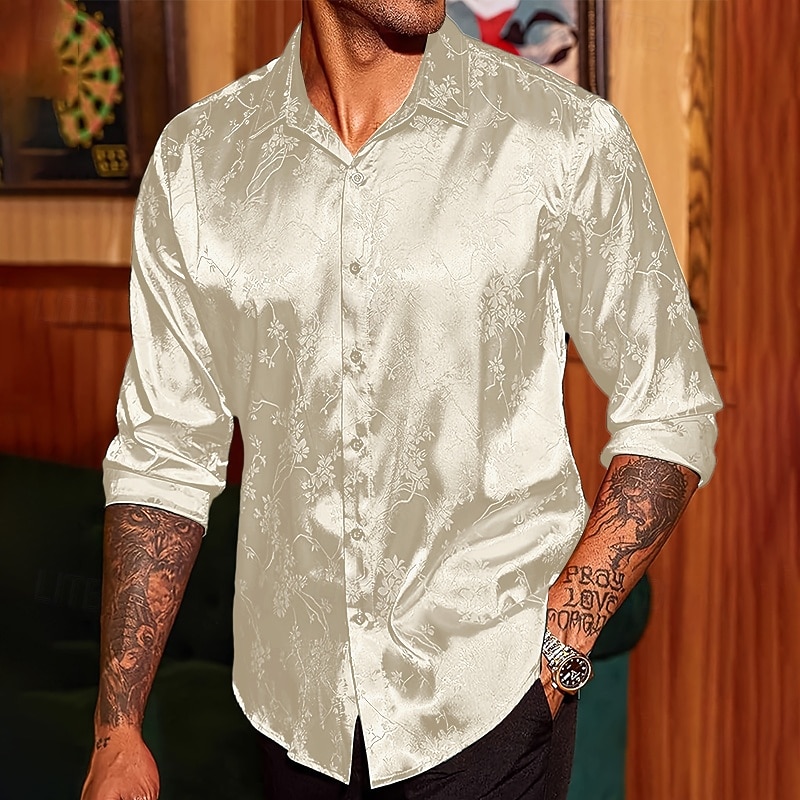 Men's Shirt Satin Shirt Casual Shirt Button Up Shirt Floral Wedding Vacation Red Green Beige Long Sleeve Collar Winter Spring & Summer Clothing Apparel