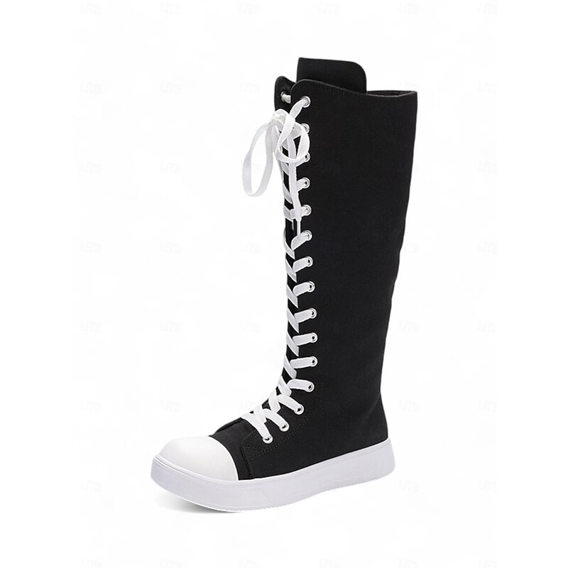Women's Black Canvas Knee-High Lace-Up Boots with White Sole – Retro-Style Casual Footwear for Everyday Wear and Street Fashion3