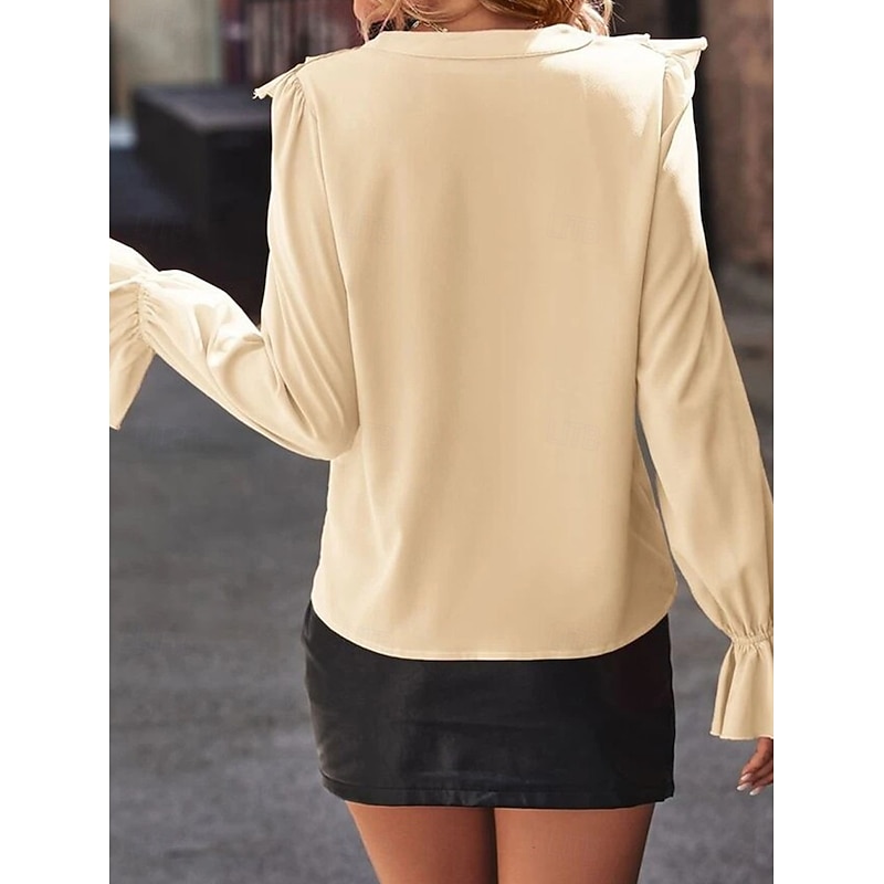 Women's Shirt Blouse Solid Color Basic Casual Long Sleeve V Neck Regular Tops Daily Ruffle Beige Fall Winter2