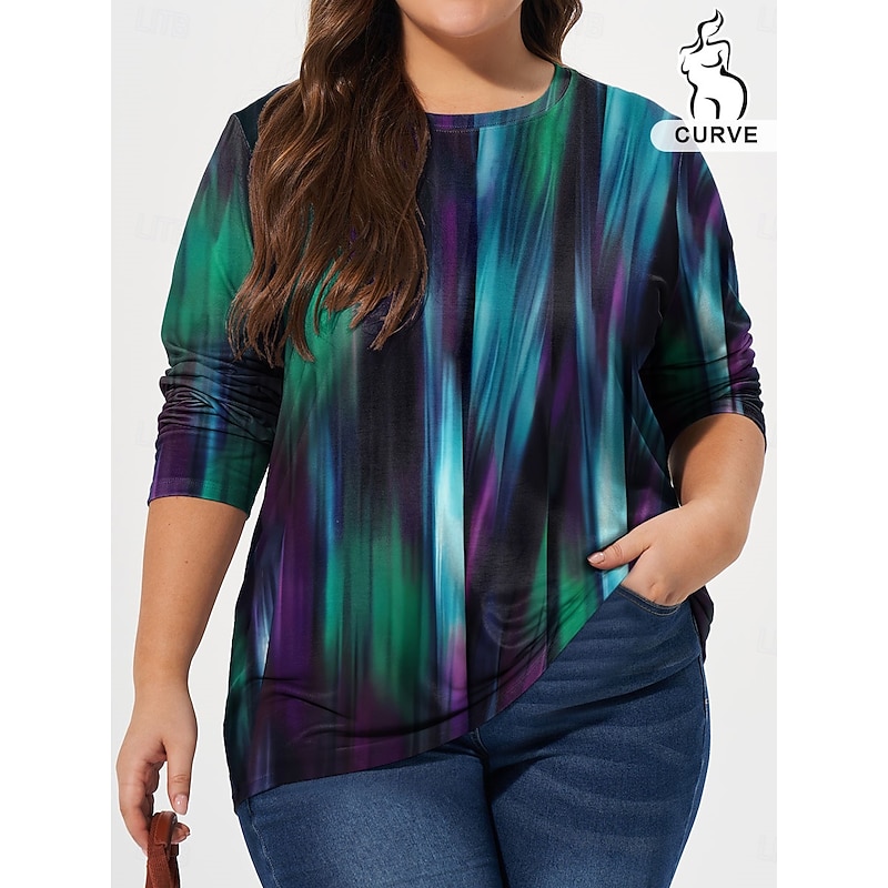 Women's Plus Size Tops T shirt Ombre Print Long Sleeve Crew Neck Casual Daily Fall Winter Blue