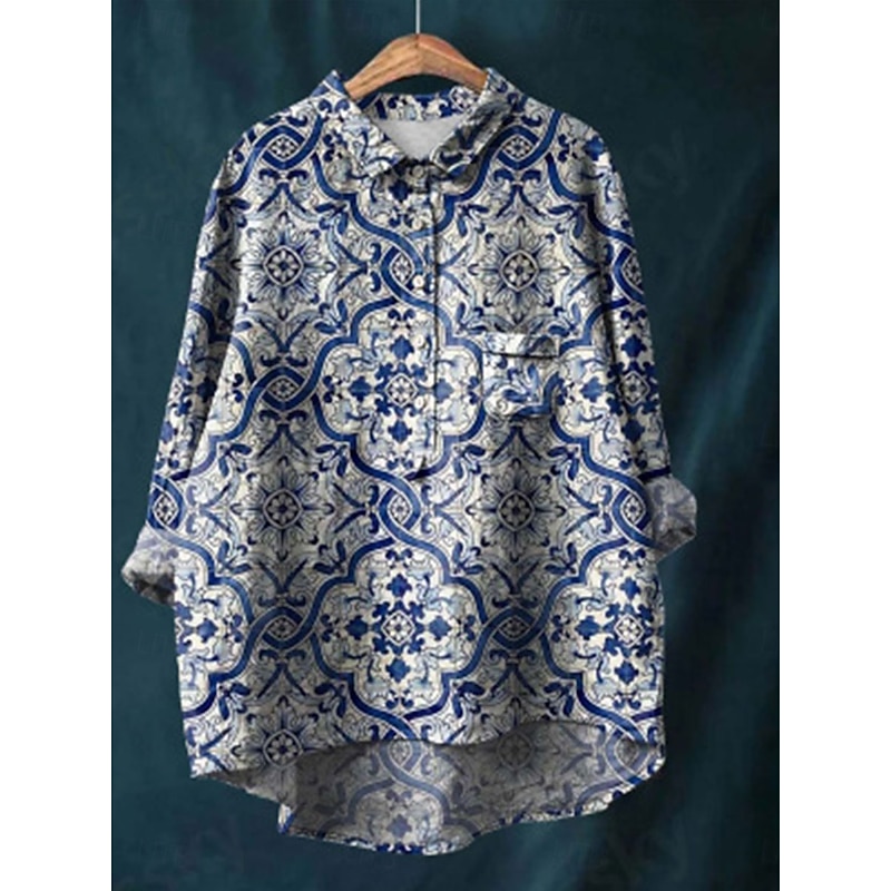 Women's Shirt Linen-Inspired Shirts Long Sleeve Shirt Collar Red Navy Blue Blue Spring &  Fall4