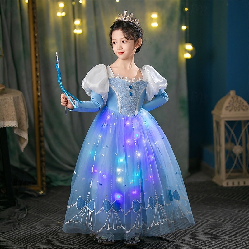 Frozen Princess Fairytale Elsa Flower Girl Dress Theme Party Costume Tulle Dresses Led Light Up Movie Cosplay for Girls' Kid's Christmas New Year Performance Party Birthday