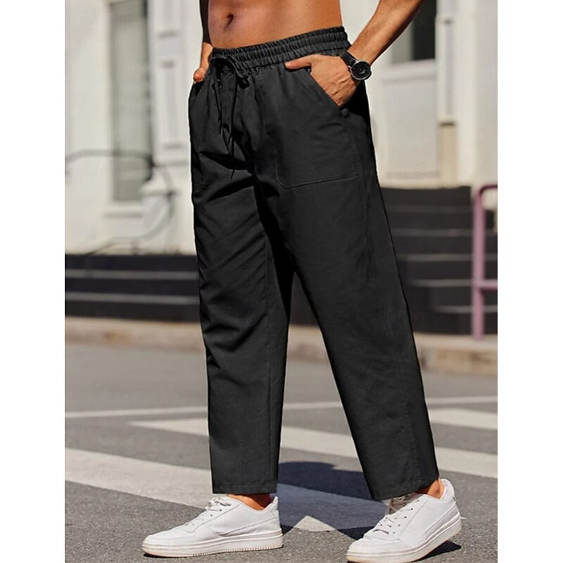 Men's Linen Pants Trousers Summer Pants Drawstring Elastic Waist Straight Leg Plain Comfort Breathable Full Length Outdoor Casual Daily Fashion Business Black White4