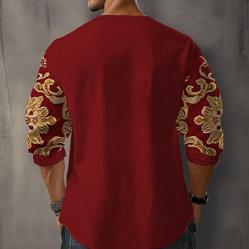Men's Floral Shirt Button Up Shirt Henley Shirt Long Sleeve Vintage Casual Vacation Daily Beach Wear Summer Spring Fall Collarless V Neck 3D Print Buttons Red2