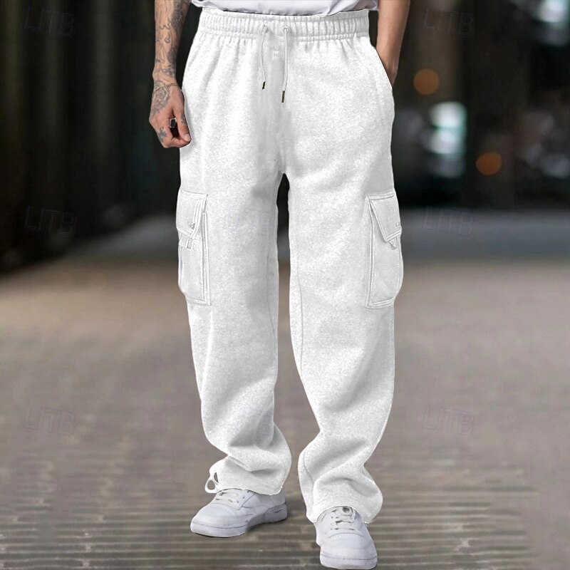 Men's Fleece Pants Sweatpants Joggers Trousers Cargo Sweatpants Drawstring Elastic Waist Multi Pocket Plain Comfort Warm Full Length Outdoor Casual Daily Sports Fashion Black White2