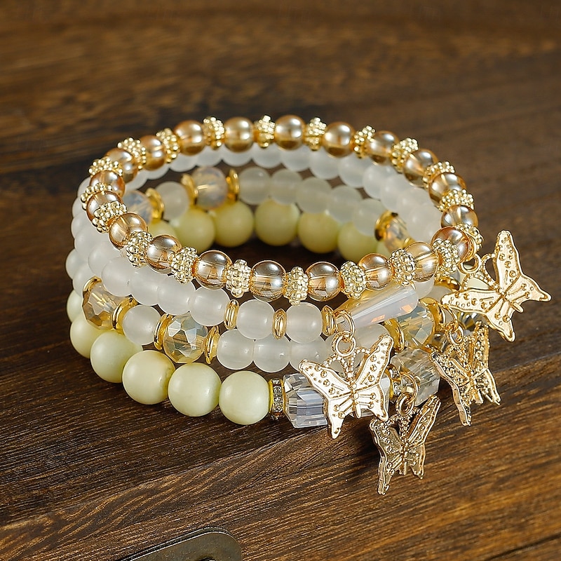 Butterfly Charm Beaded Bracelet Set - Elegant Gold and Pearl Layered Design for Women