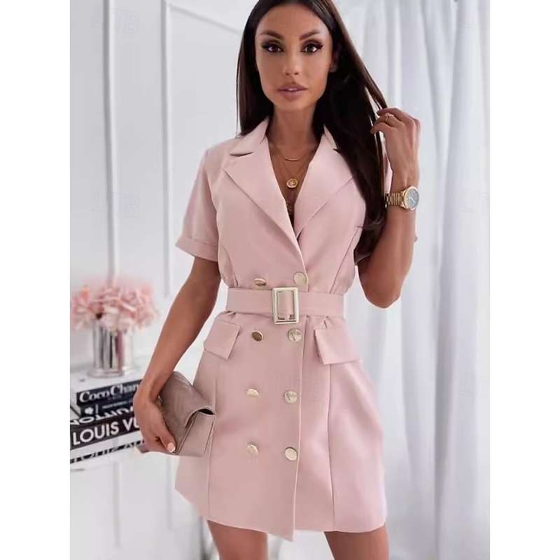Women's Elegant Dress Mini Dress With Belt Double Breasted Vacation Elegant V Neck Short Sleeve Black White Pink Color