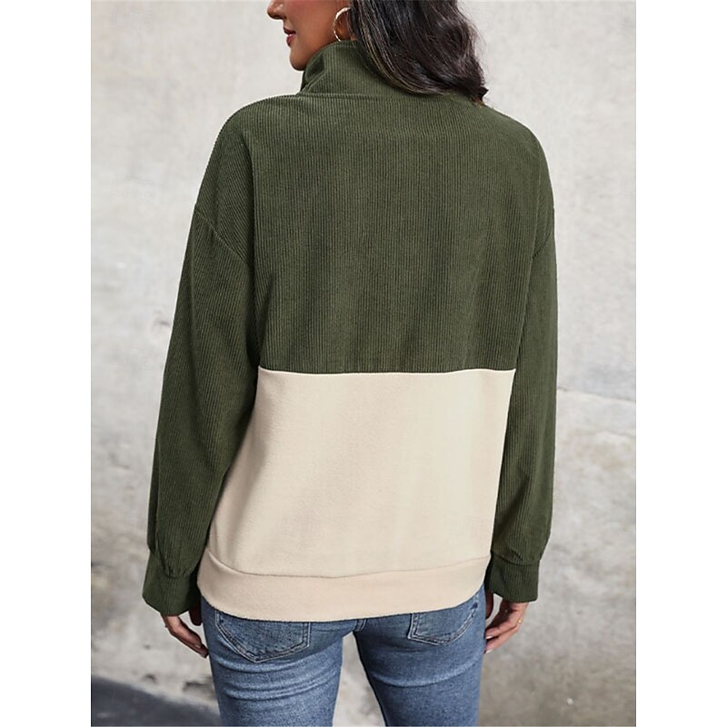 Women's Sweatshirt Casual Plain Street Dailywear V Neck Patchwork Buttons Long Sleeve Army Green Fall Winter2