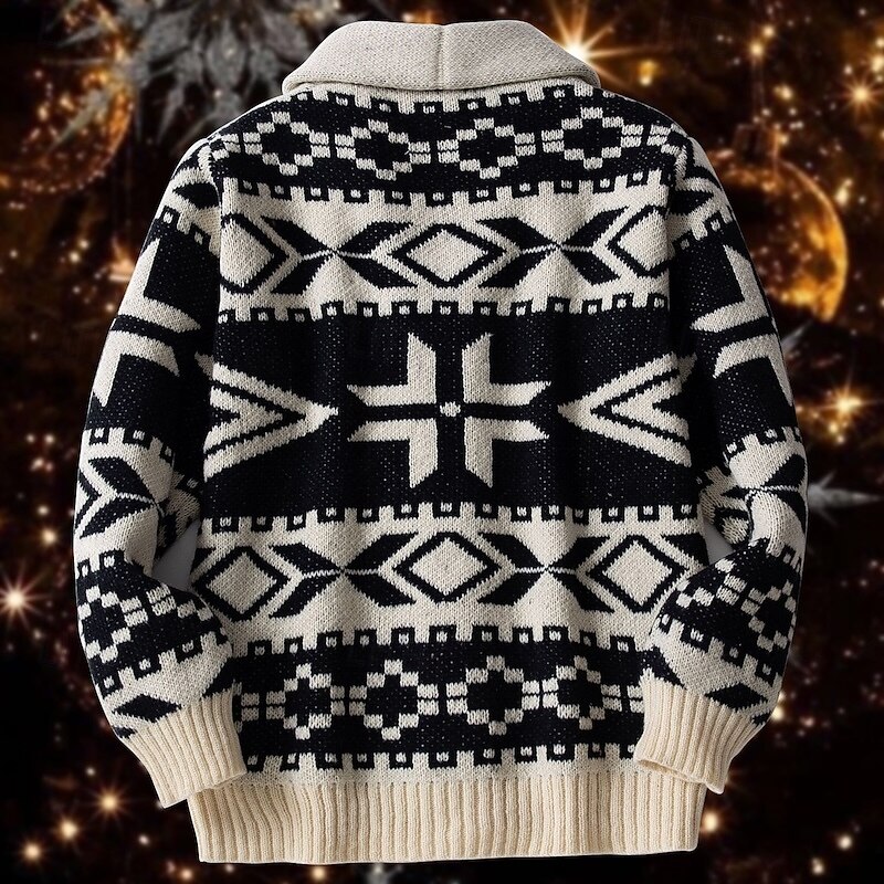 Men's Jacquard Sweater Cardigan Sweater Cropped  Sweater Knit Sweater Ribbed Crochet Knit Regular Knitted Jacquard Plaid / Striped / Chevron / Round Shawl Collar Fashion Classic Daily Wear Date3