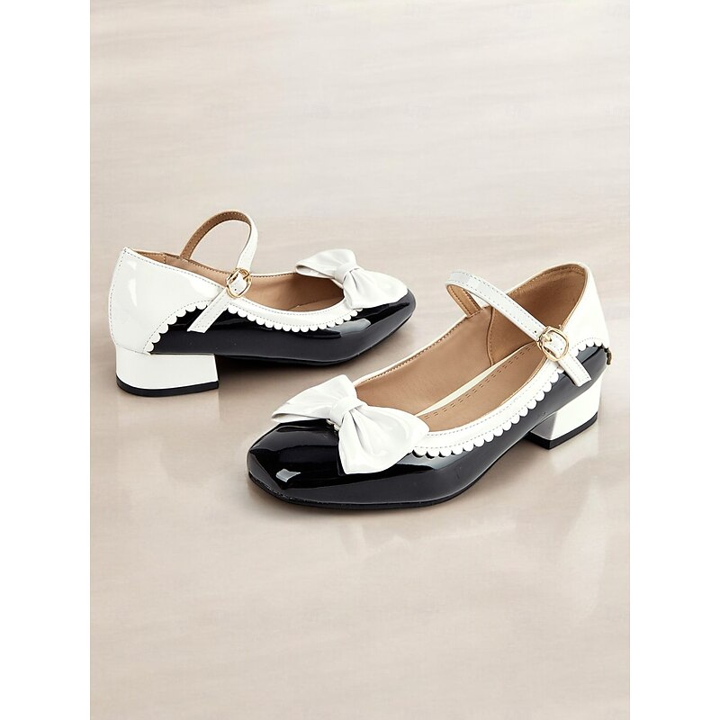 Women's Black and White Patent Mary Jane Shoes with Bow Detail – Scalloped Edges and Block Heel for Formal Occasions2
