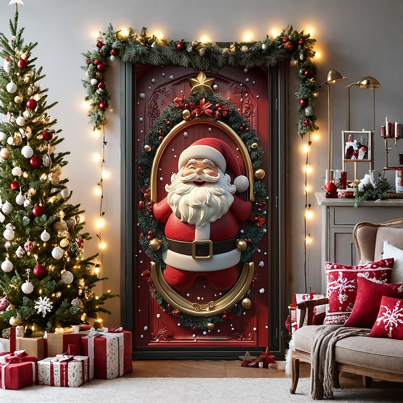 Christmas Door Decorations Door Covers Wreath Xmas Santa Jingle Bell Door Tapestry Door Curtain Decoration Backdrop Indoor/Outdoor Door Banner for Front Door Farmhouse