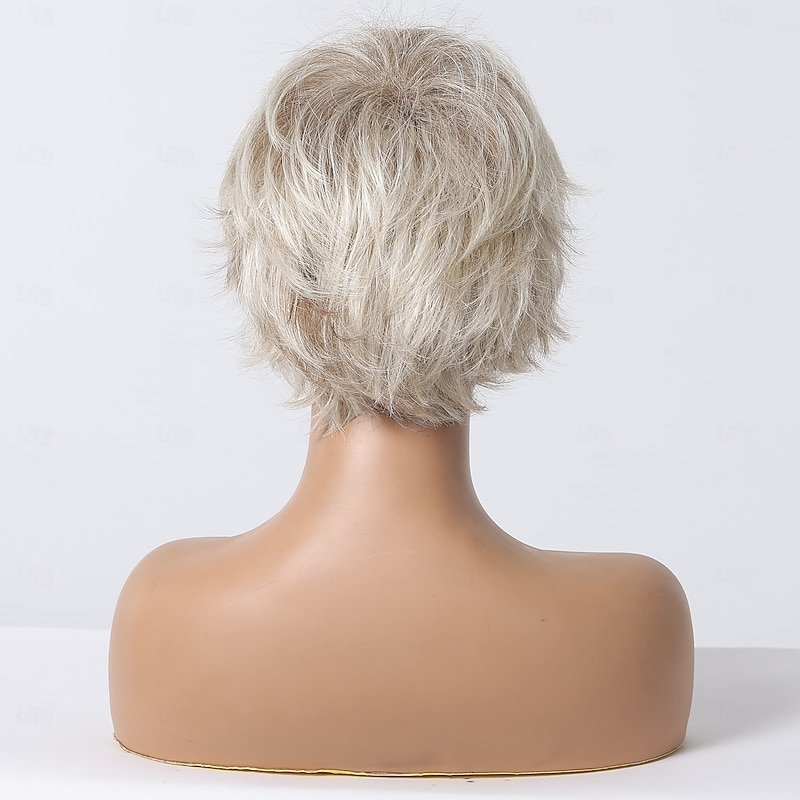 Human Hair Blend Wig Short Straight Natural Straight Bob Pixie Cut Side Part Layered Haircut Blonde Cosplay Curler & straightener Natural Hairline Capless Burmese Hair Women's All Sliver White 8 inch4