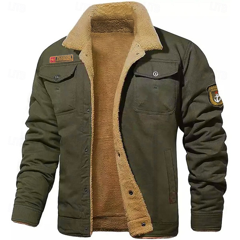 Men's Embroidered Fleece Jacket Cargo Jacket Turndown Collar Long Sleeve Military Tactical Jacket Vintage Thermal Warm Winter Outwear Multiple Pockets Button Front Cotton Coat Black khaki Army Green