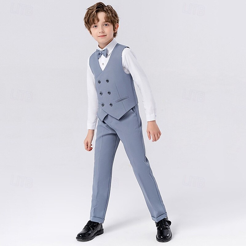 5 Pieces Ring Bearer Suit Boys Kids Suit Formal Suit Blazer & Vest & Pants & Brooch & Tie Formal Party Fashion Cool Solid Color Pocket Blue Beige Gray Polyester2