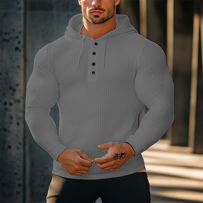 Men's Waffle Shirt T Shirt Tee Top Long Sleeve Shirt Long Sleeve Hooded Spring &  Fall Plain Fashion Designer Buttons Vacation Street Going out White khaki Grey Top Tee for Men3