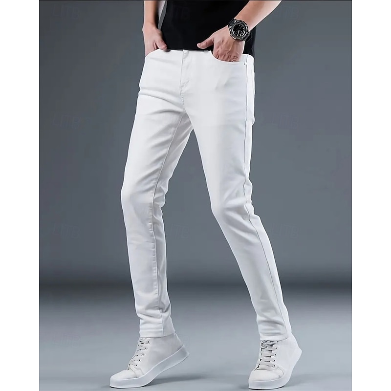 Men's Dress Pants Skinny Trousers Chinos Buttons Pocket Solid Color Comfort Formal Party Work Fashion Classic Style Black White Micro-elastic2
