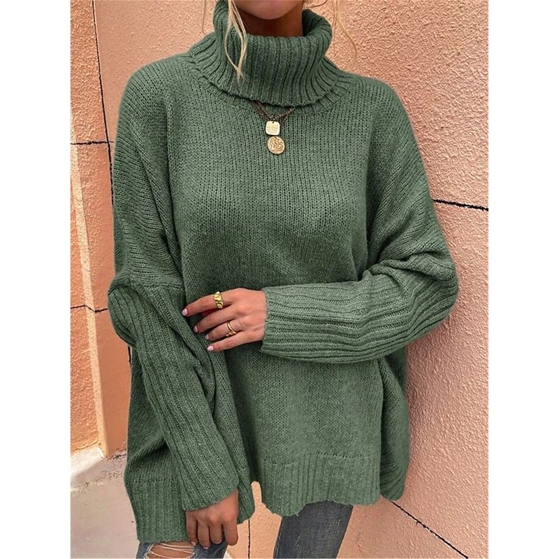 Women's Sweater Casual Soft Pure Color Ribbed Turtleneck Knitted Long Sleeve Regular Tops Knit Outdoor Daily Weekend Green Khaki Fall Winter4