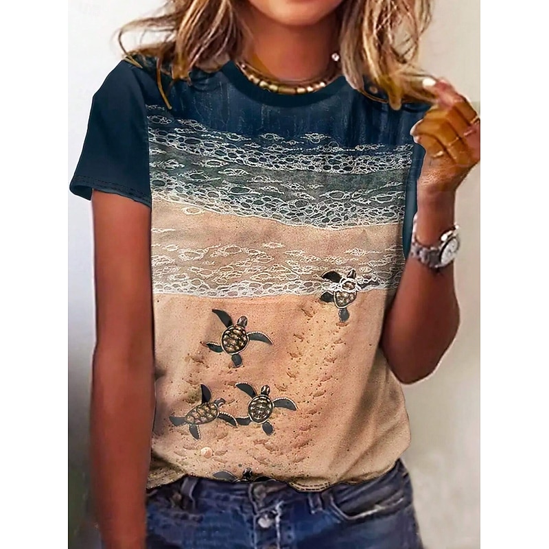 Women's T Shirt Ocean Casual Short Sleeve Round Neck Regular Tops Daily Print Blue Summer Spring