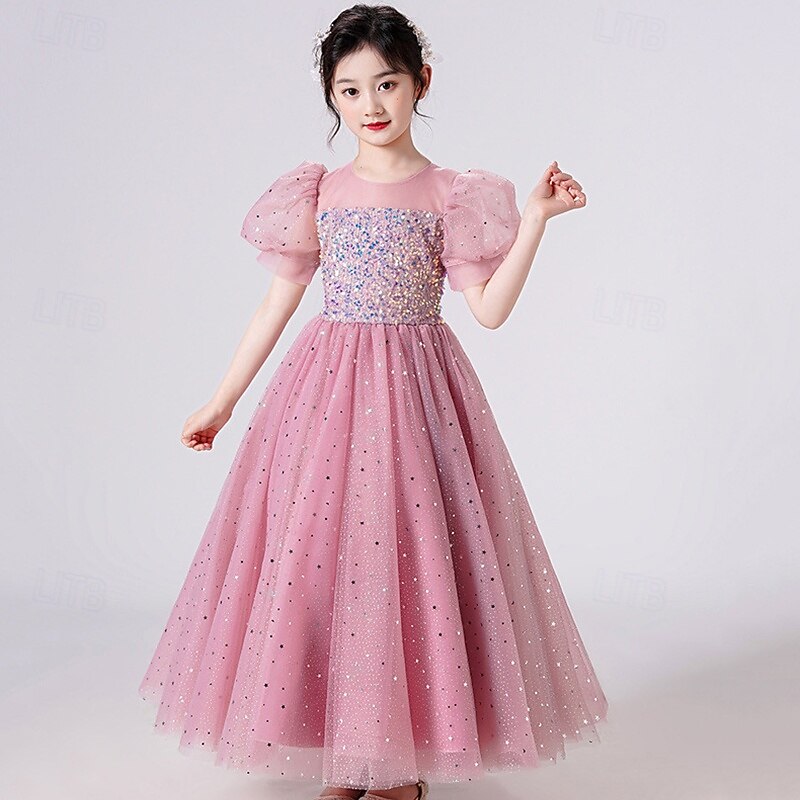 Flower Girl Dress Kid's Girls' Princess Dress Performance Wedding Party Elegant Beautiful Mesh Solid Color Short Sleeve Crew Neck White Pink 4 years+2