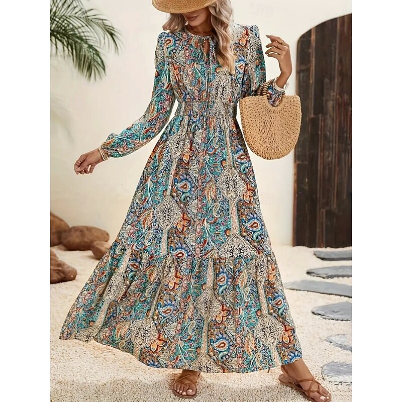 Women's Maxi Dress Casual Dress Swing Dress A Line Dress Boho Dress Bohemia Vintage Ethnic Daily Regular Fit Paisley Long Sleeve Crew Neck Blue Summer Spring Fall4
